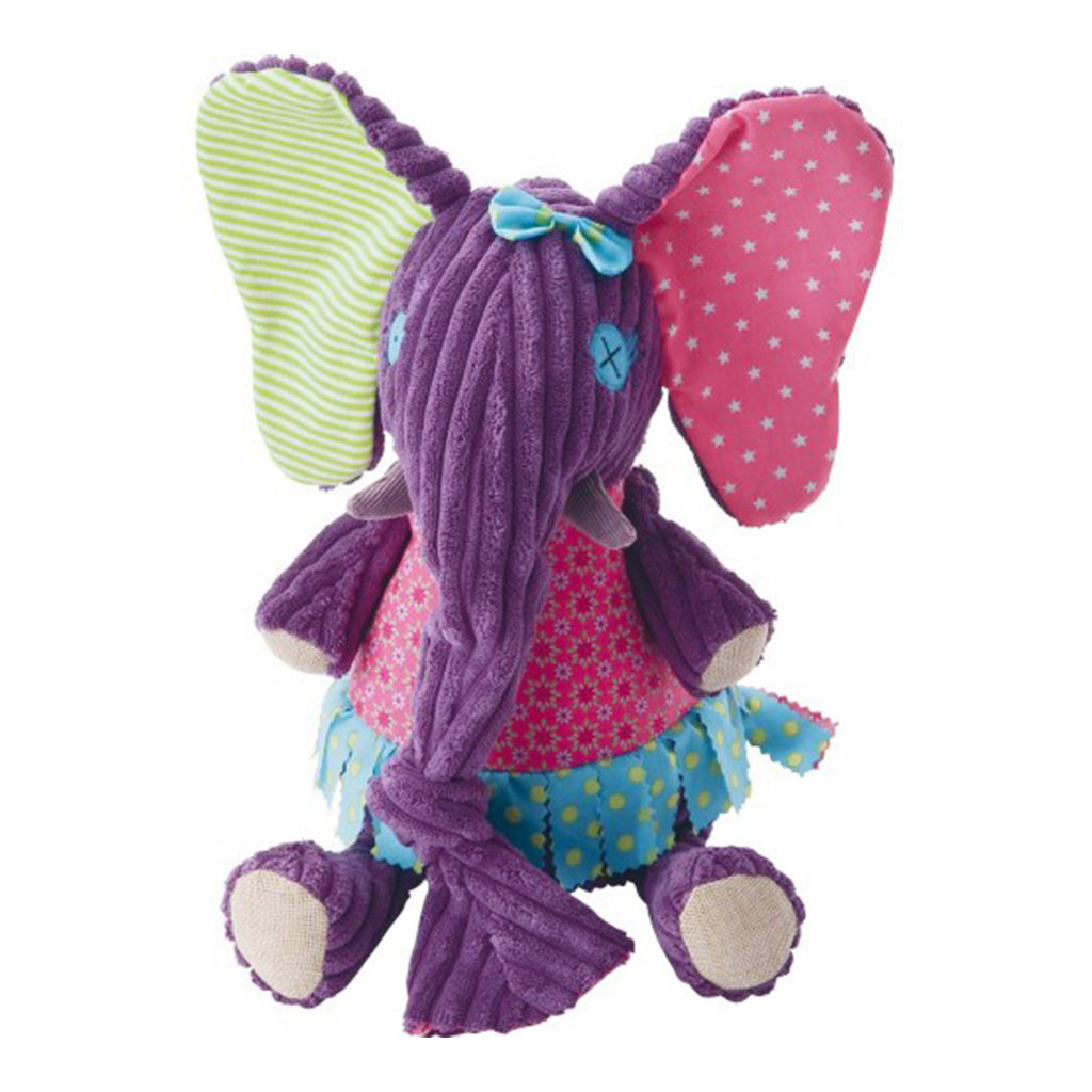 adorable Deglingos Original Elephant with pink top, blue dress, huge pink and cream ears and a long purple nose