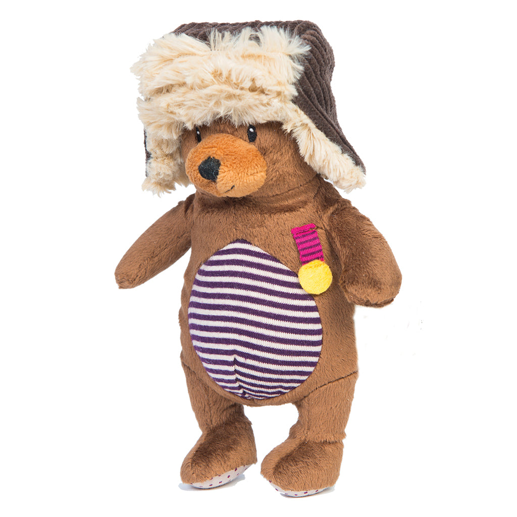 Ragtales parker bear baby childrens soft toy with stripey tummy an woollen hunters hat