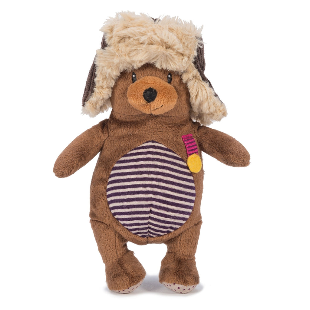 Ragtales parker bear brown baby childrens soft toy with stripey tummy an fluffy hat
