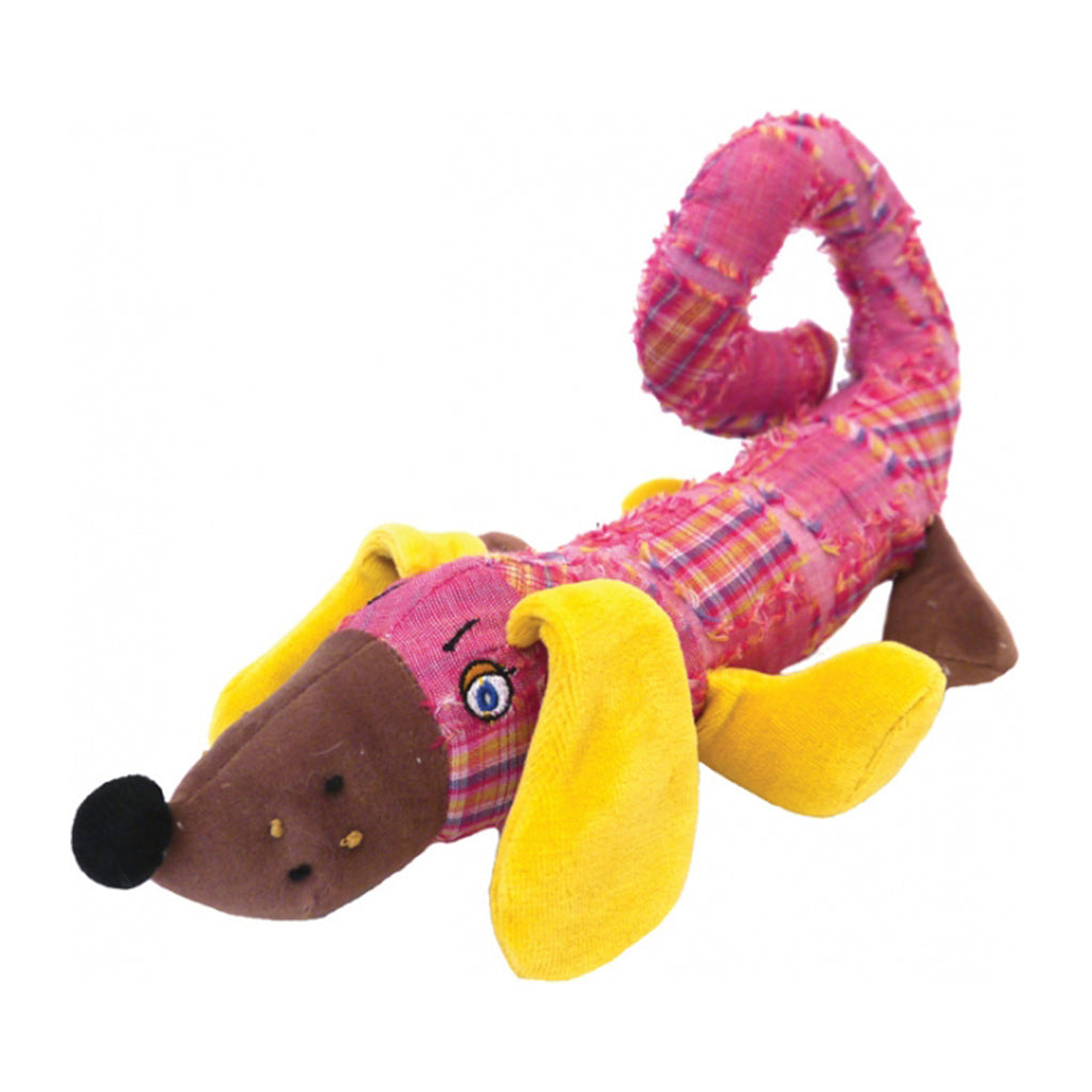 Pink plush dog toy that crinkles with squeaker inside and yellow ears