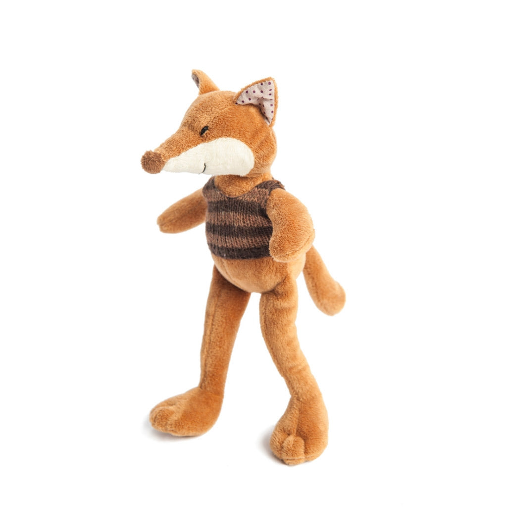 Ragtales Paxton fox cuddly toy wearing a handmade knitted stripy beige brown top and long bushy tail