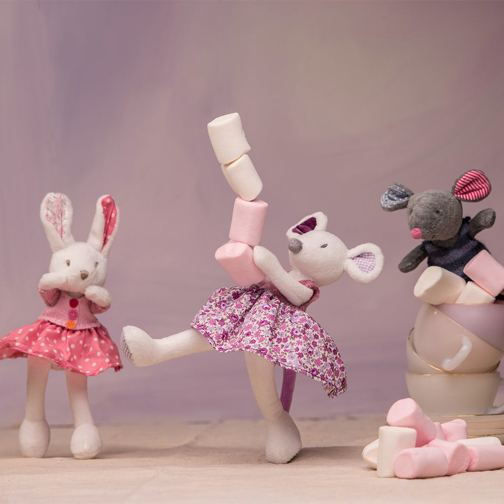 Dancing with friends Ragtales Poppy the Little Rabbit with a white, velour body and embroidered face,Poppy comes dressed to the highest standards of quality and care in a pretty, gathered floral skirt and a hand – knitted top