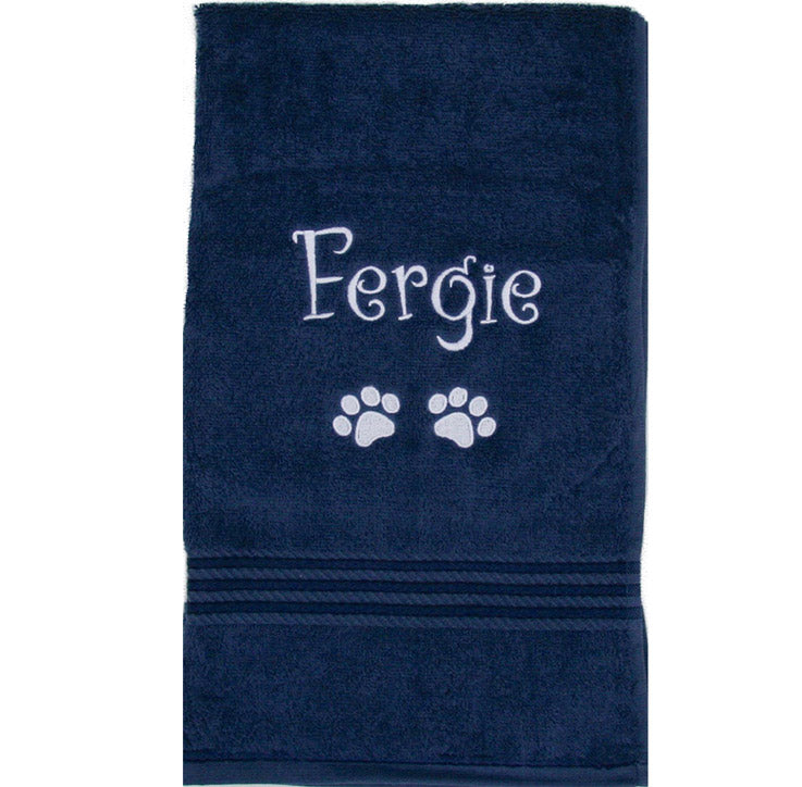 Large size Navy Blue Pet Cat Bath Towel embroidered or personalised with the name Fergie