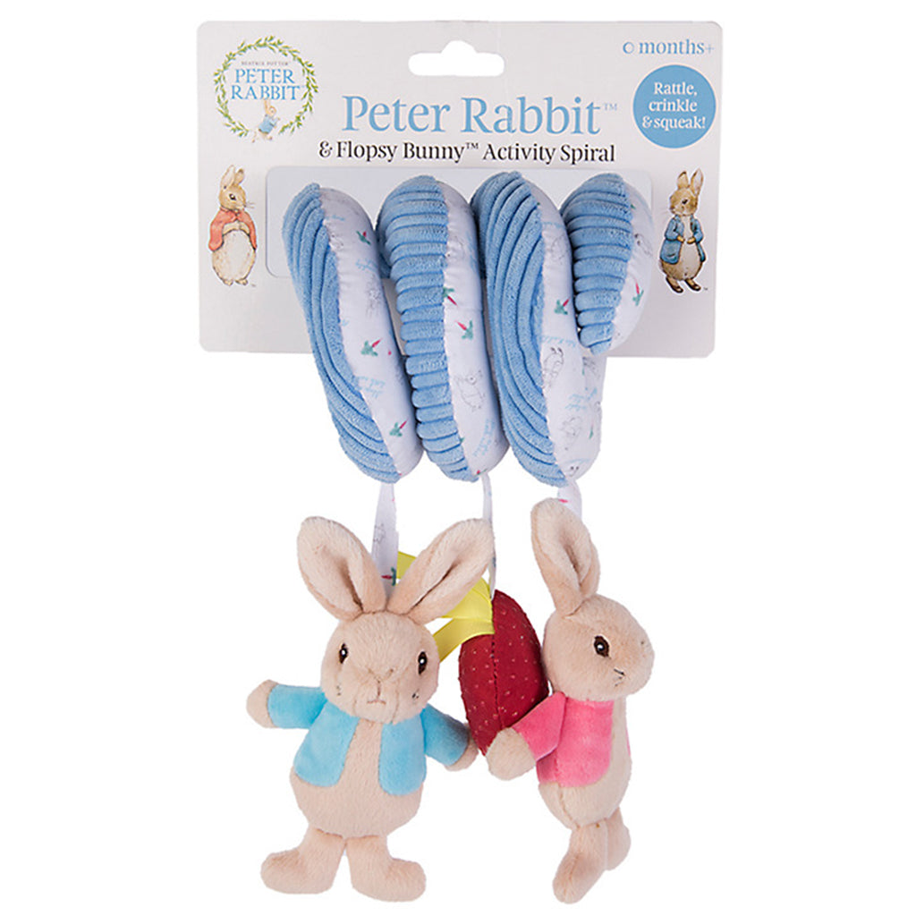 Peter Rabbit Activity Spiral is made from a soft corded plush fabric with a patterned underside.  Includes: a soft Flopsy with crinkle, a soft plush Peter with crinkle, and textured soft strawberry with squeaker