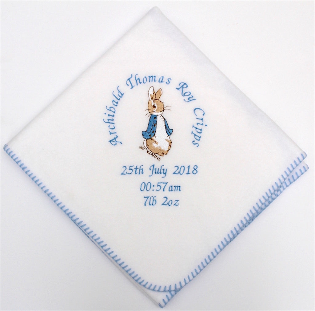 Beatrix Potter Peter Rabbit blanket personalised around an embroidered blue coat bunny 