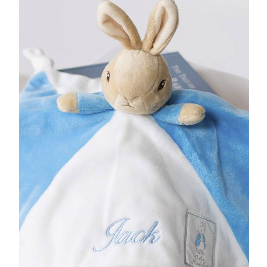 Close up view of this beautiful Peter Rabbit Comforter which has a soft blankie for cuddling and hugging