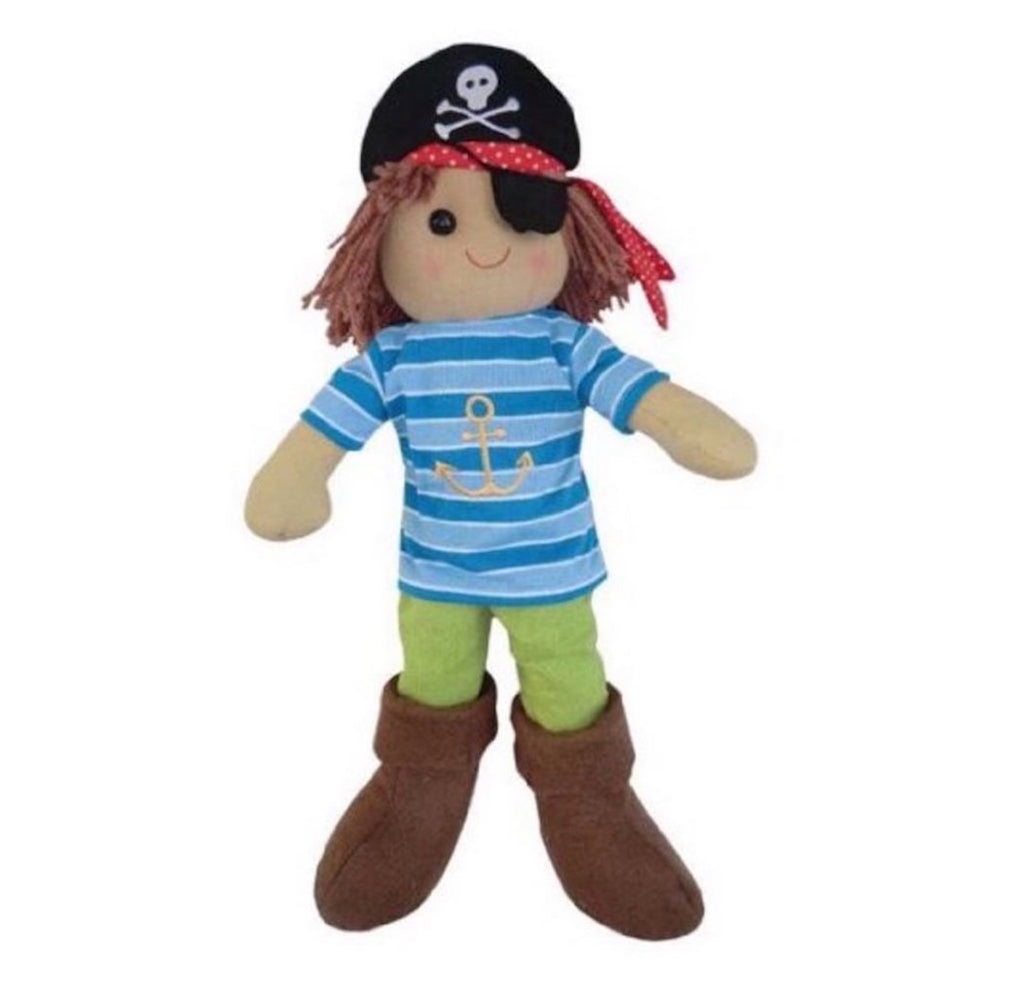 Powell Craft Rag Doll Pirate at 40cm tall with skull and crossbone hat, eye patch and blue and white stripped shirt