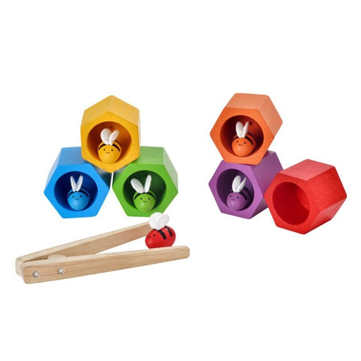 Plan toys eco friendly sustainable multi coloured hives and bees and a pair of wooden tweezers