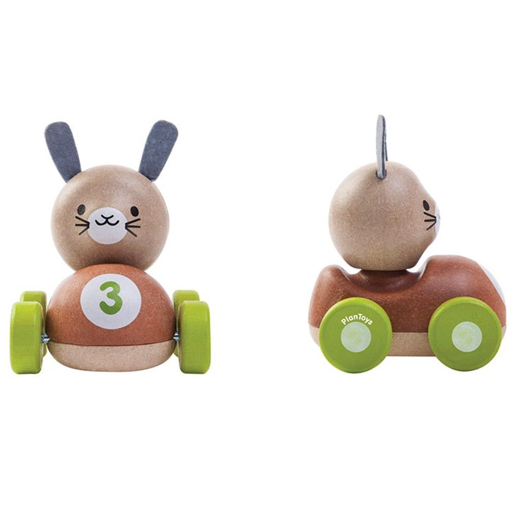 Plan Toy Bunny Racer Showing Two 11cm Wooden Brown Cars for Christmas Birthday Gift Being Driven by an Ears Up Rabbit at Hedgehoggifts.com