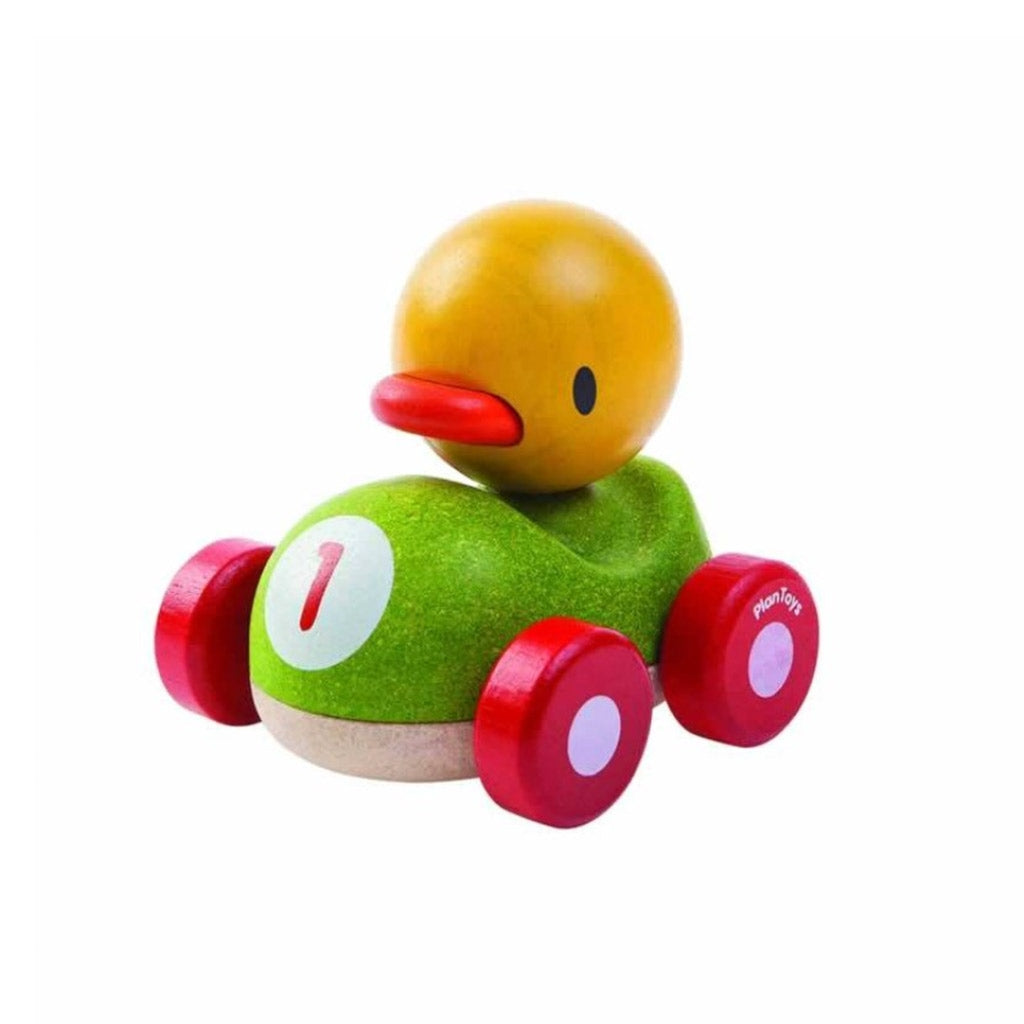 Plan Toys Duck Racer eco friendly in a green car and red wheels