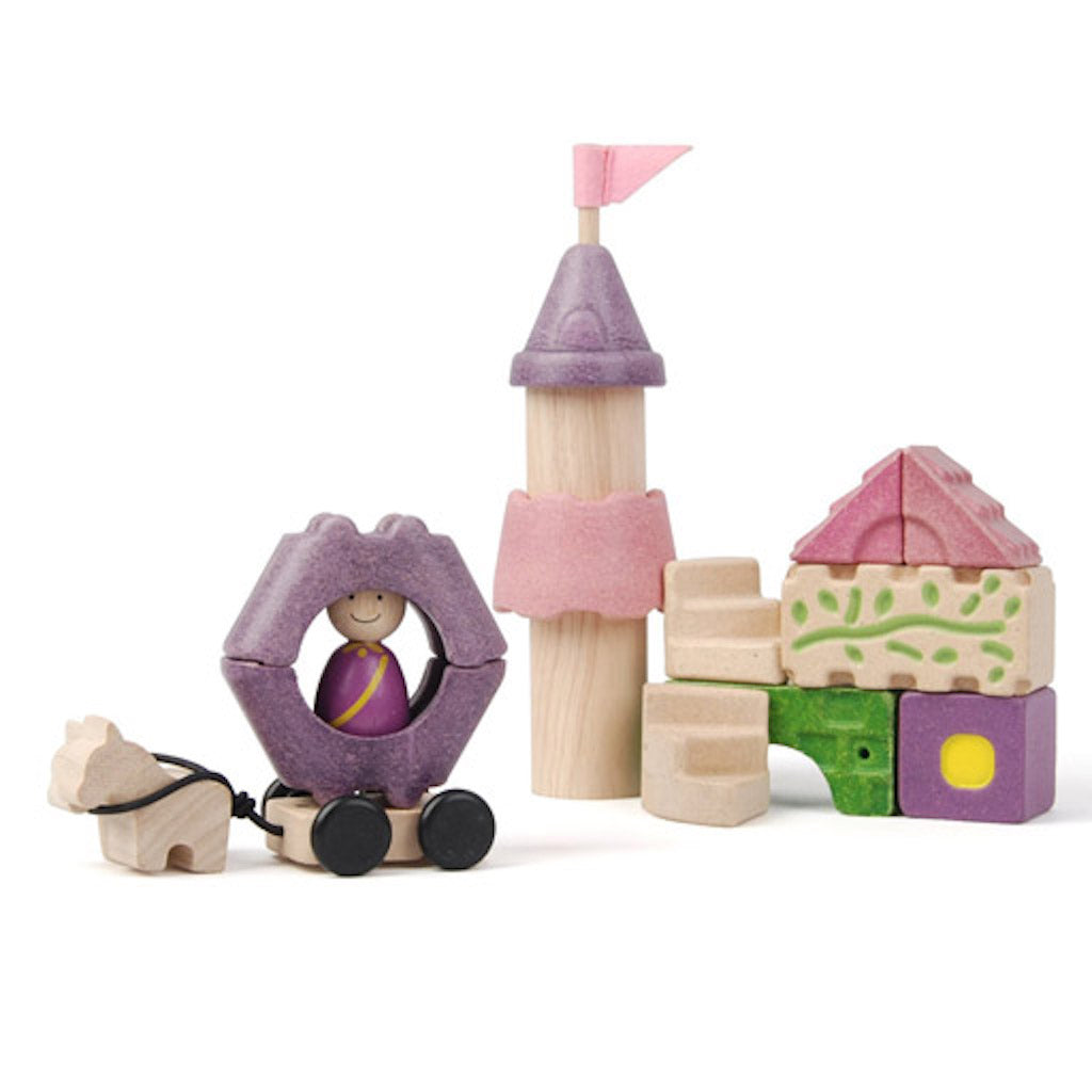 Plan Toy Fairy Tale Blocks is a magical 35-piece castle-themed block set with prince, princess, horses