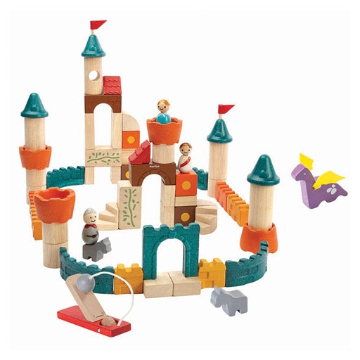 Plan toys eco friendly sustainable fantasy castle play blocks with canon and dragon