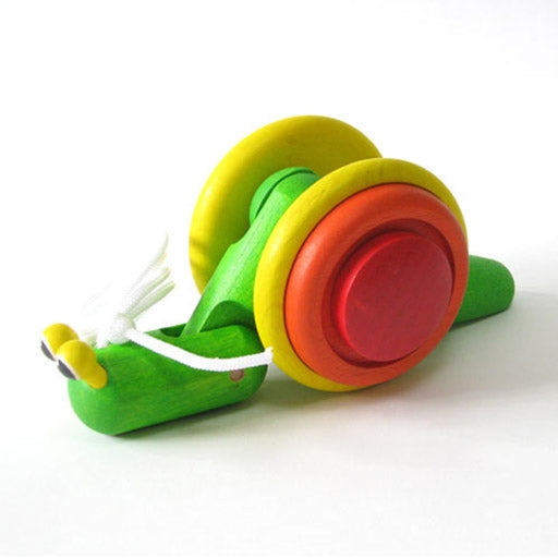 Plan toys eco friendly sustainable multi coloured green snail pull-along toy for toddlers