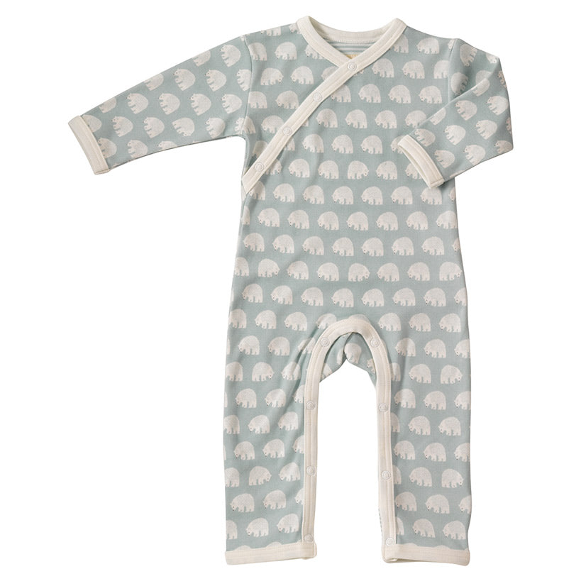 Pigeon Organics polar bear cream and pale blue sleepsuit romper for newborn baby girl or boy