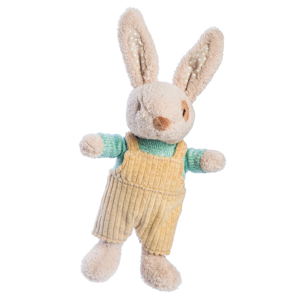 ragtales new baby alfie rattle toy velvety brown nose with green knitted jumper and beige corduroy dungarees