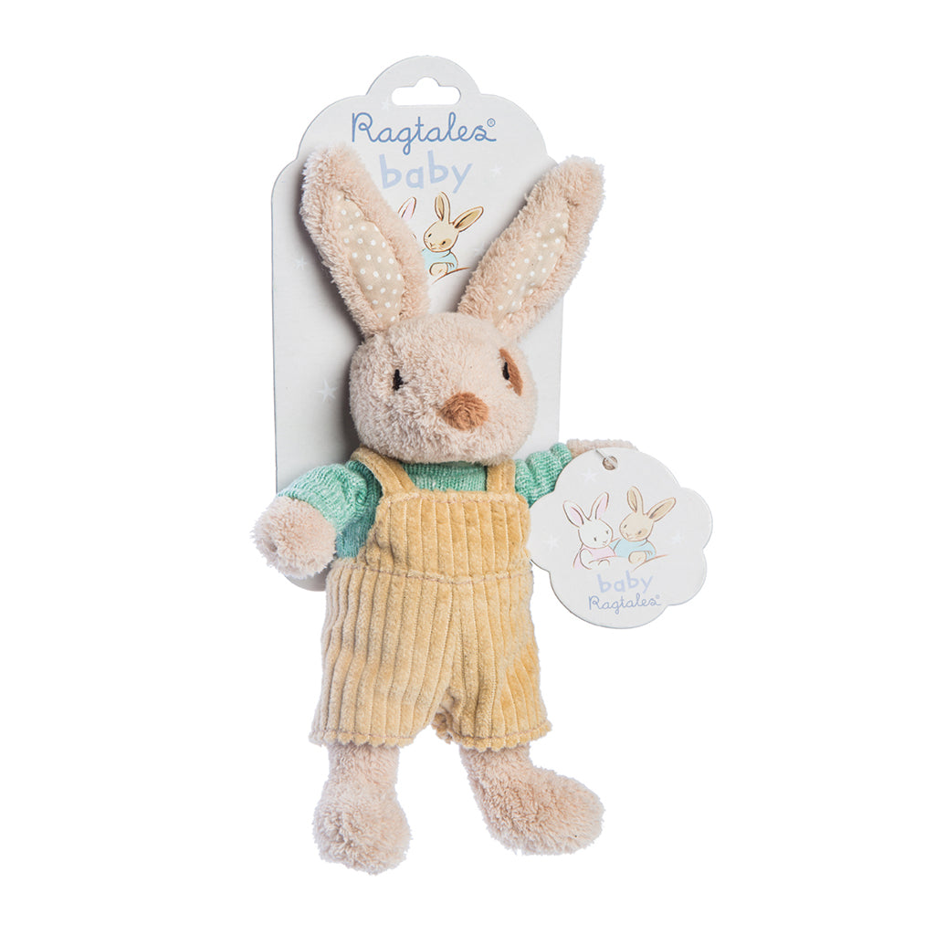 ragtales baby alfie rattle velvety brown nose with aqua knitted jumper and beige corduroy dungarees