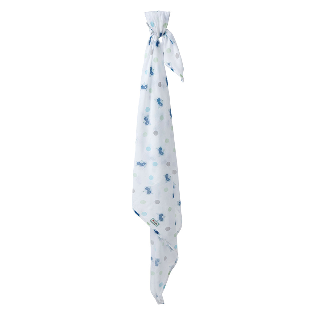 Organic piccalilly blue racoons and spots on white muslin swaddle for baby nursery