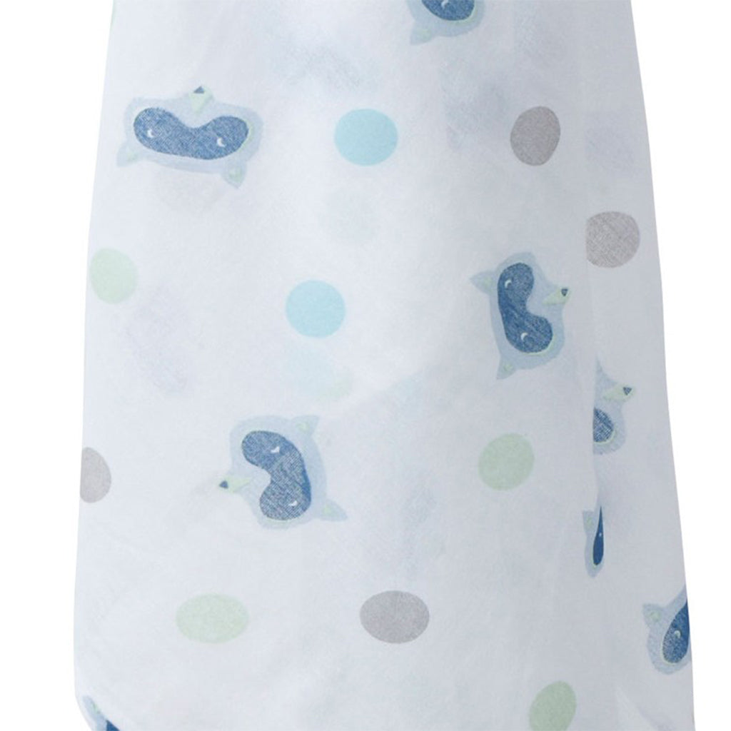 Close up of a Organic piccalilly blue racoons and spots on white muslin swaddle for baby nursery