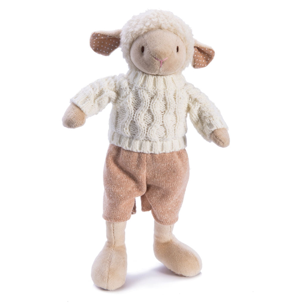 Ragtales Dylan Lamb snuggly fleecy gift dressed in hand knitted aran jumper and stripy trousers