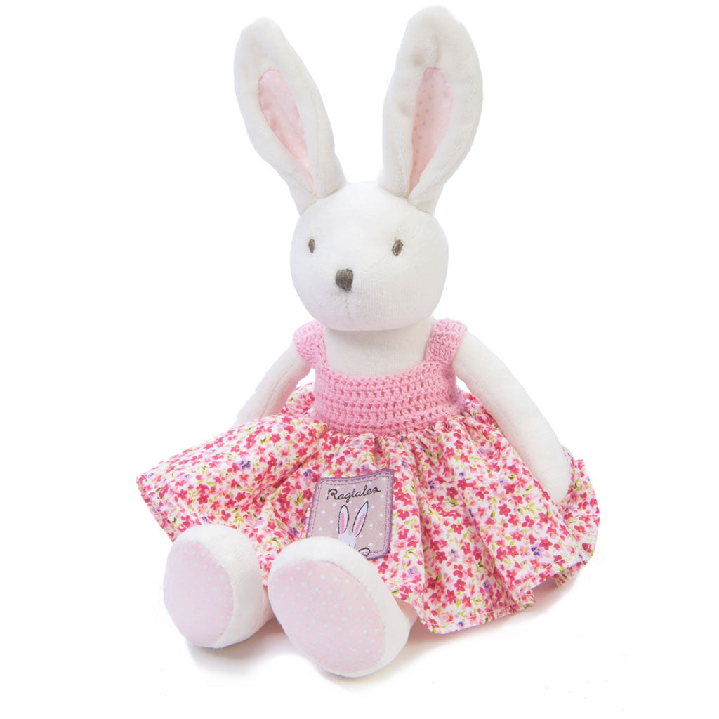 Ragtales White Fifi Rabbit girls soft toy dressed in pink floral dress and pink hand crocheted top