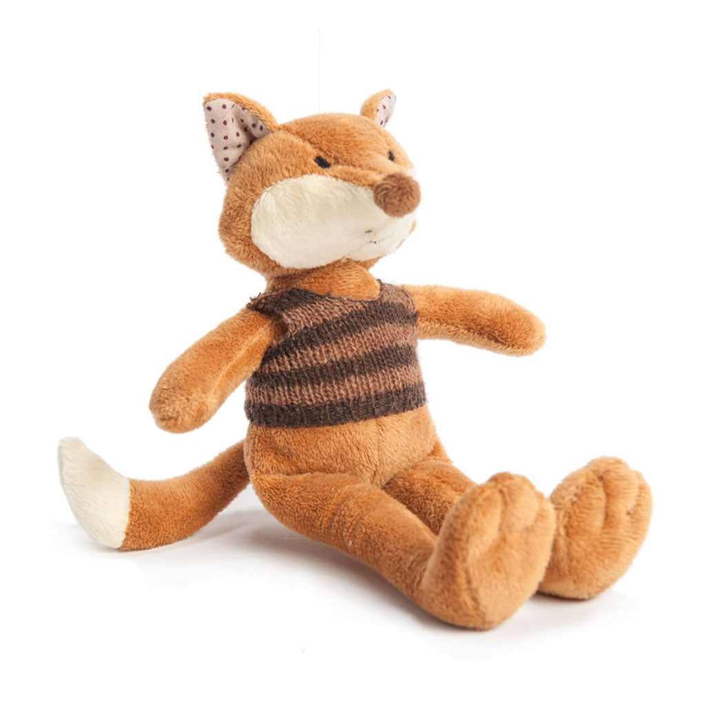 Ragtales Paxton fox soft toy wearing a hand knitted stripy beige brown top and has a long bushy tail