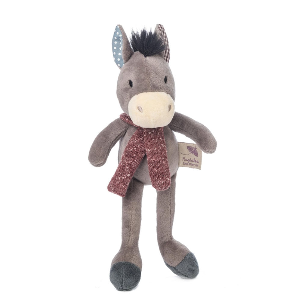 Ragtales Pedro the Donkey has a cosy knitted scarf, mismatched ears, a stripy tail and a soft furry mane.