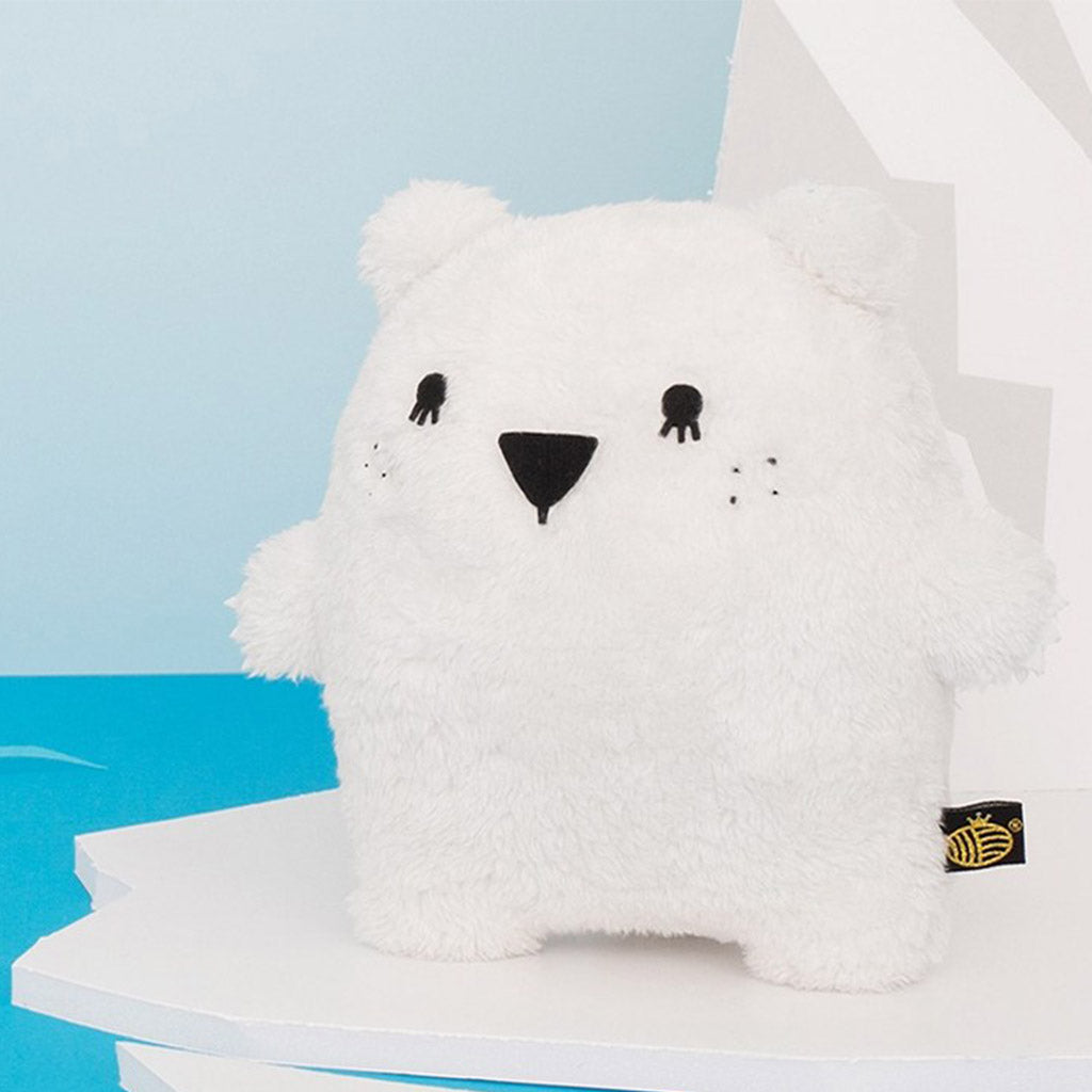 on the ice view of a Noodoll Ricecube Polar Bear soft toy for children