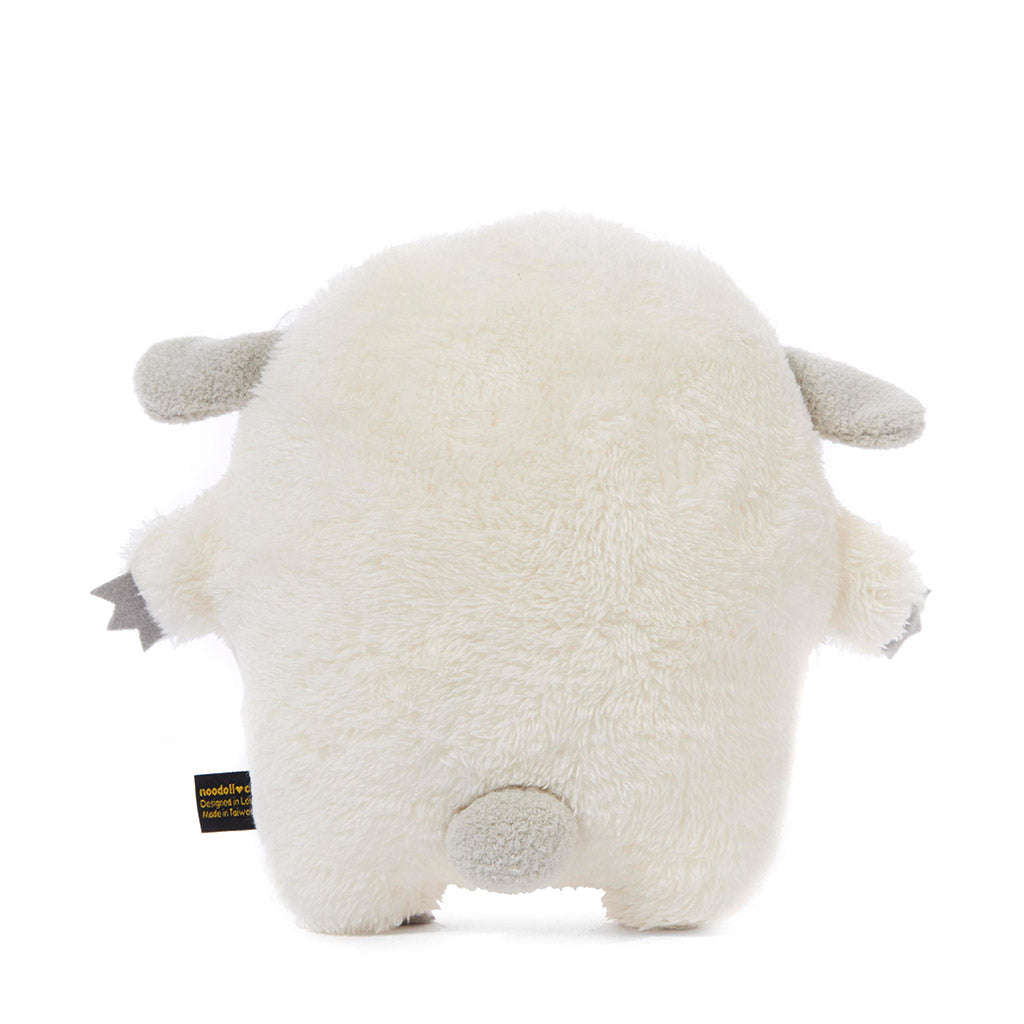 Rear view of a Noodoll Ricewool sheep Soft toy