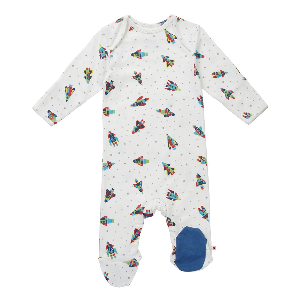 A lovely footed playsuit, also known as a romper, featuring Rockets and stars in grey from Piccalilly Organics