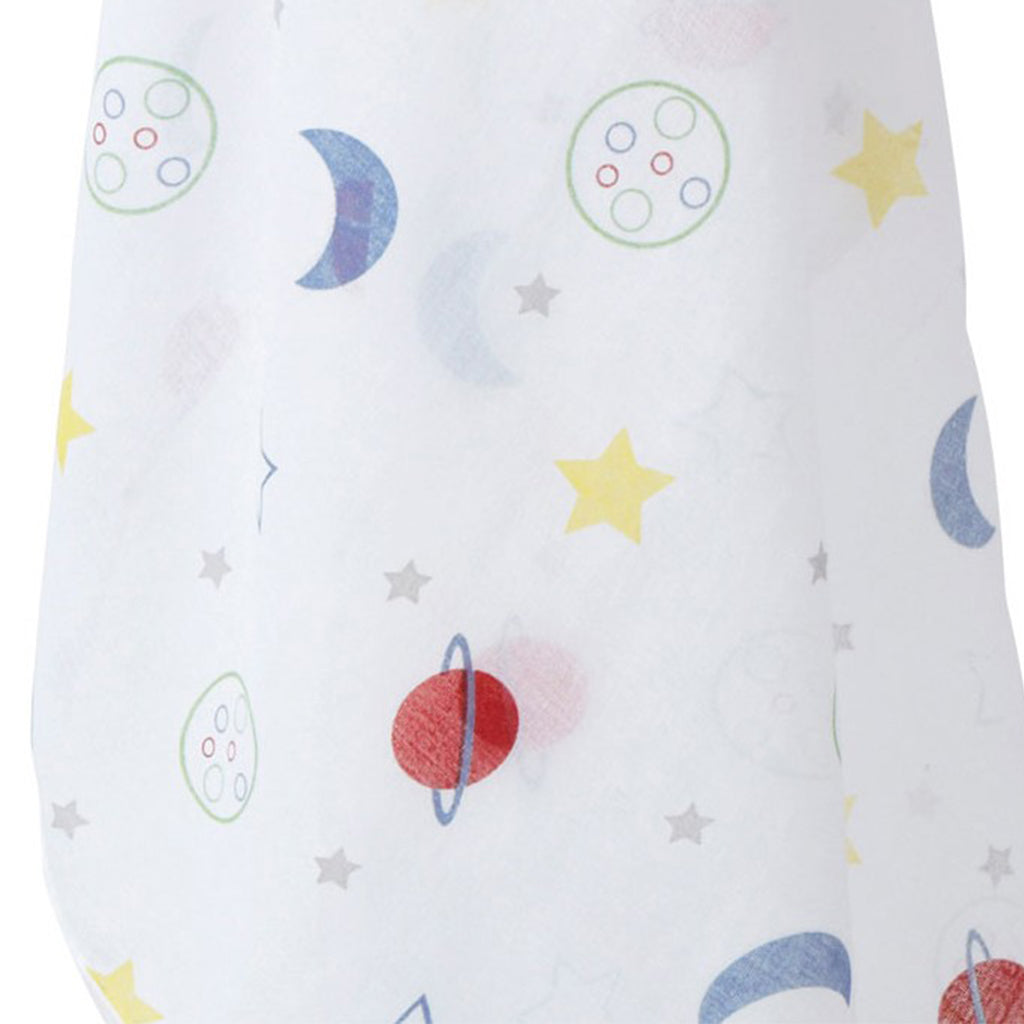 Close up of a Organic piccalilly stars and planet white muslin swaddle for baby boys girls