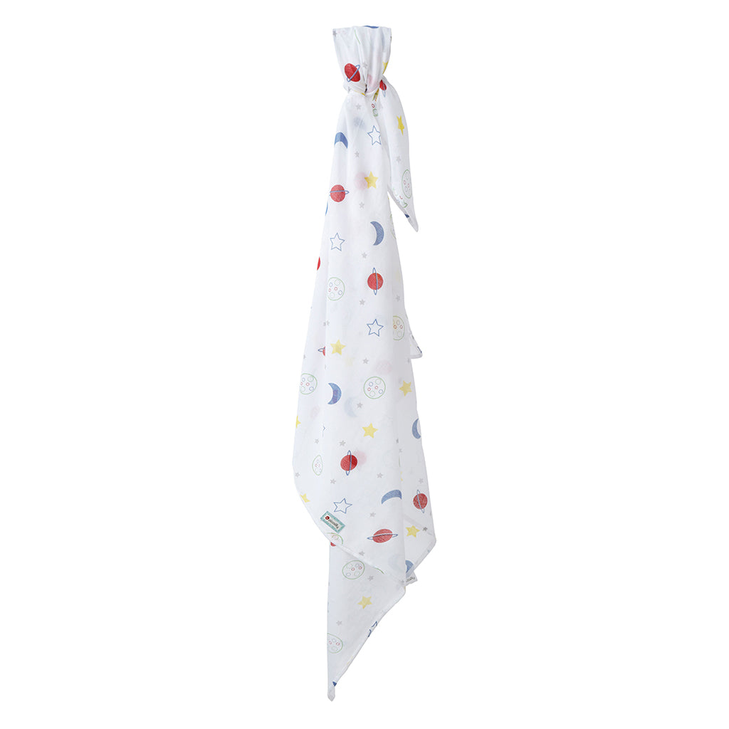 Organic piccalilly stars and planet white muslin swaddle for newborn babies