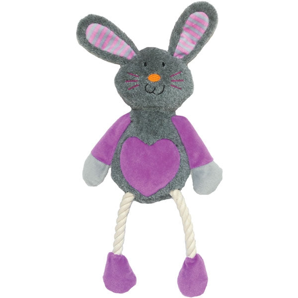 Rosewood Mr Twister Ruby Rabbit Dog Toy with purple ears, tummy and feet