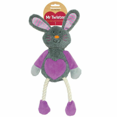 Rosewood Mr Twister Ruby Rabbit Dog Toy with purple ears, tummy and feet with tag above