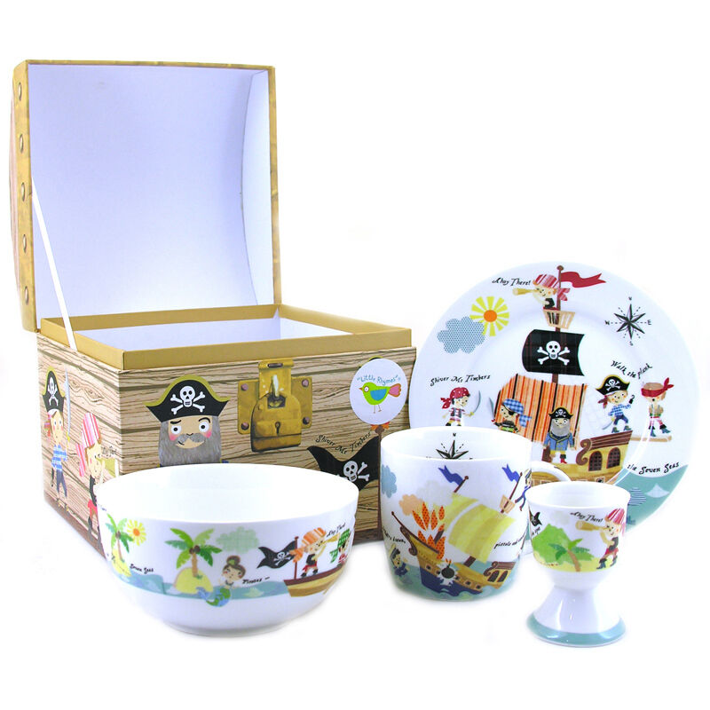 Little Rhymes Fine China Pirates Collection. This 4 Piece Breakfast Set consists of a Bowl, Plate, Mug and an Egg Cup with open beautiful gift boxgift 