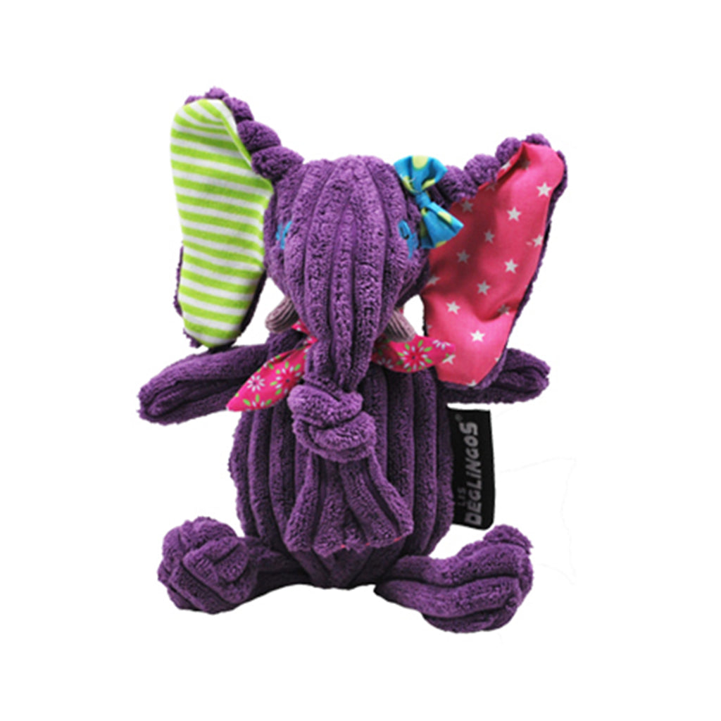 Simply Elephant for baby’s first Deglingos soft toy with big pink and green ears and purple corduroy body