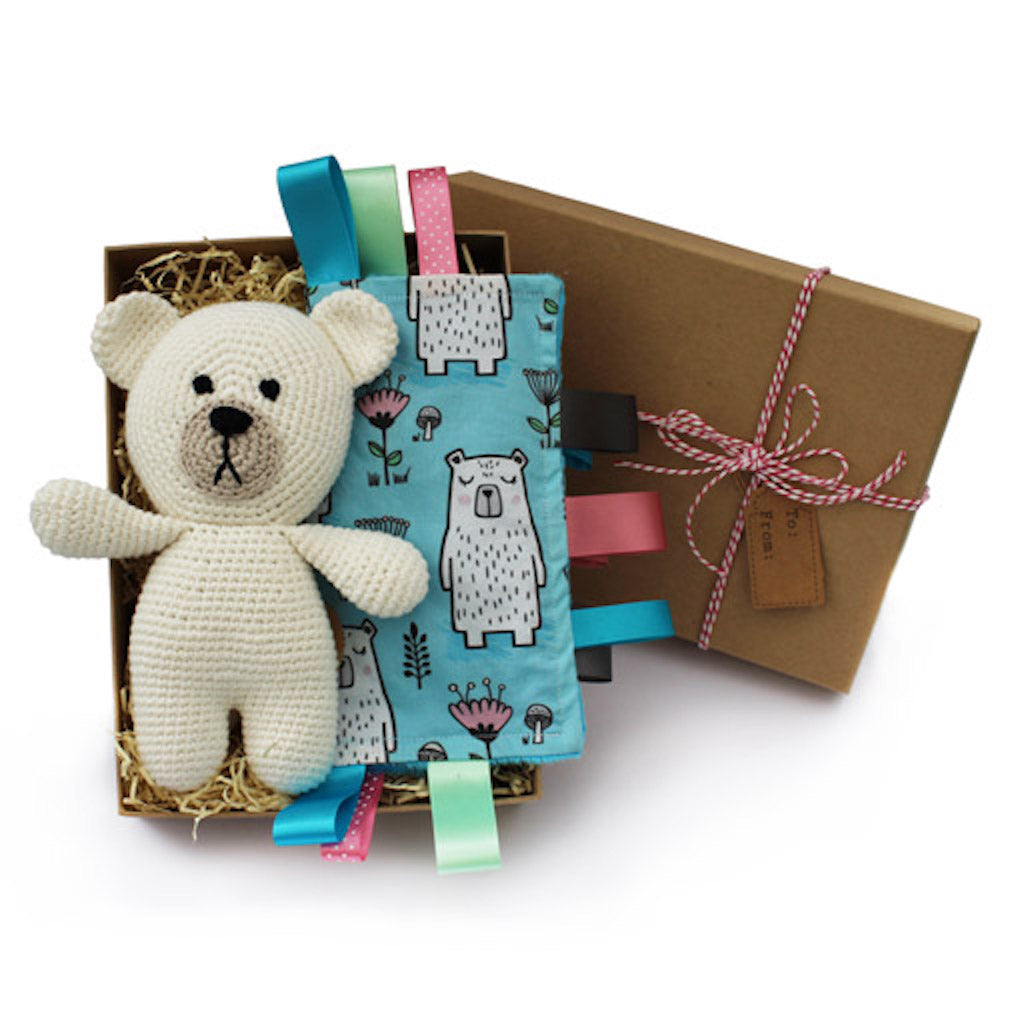 Hedgehog Gifts gift box with organic crochet bear a Turquoise sleepy bear taggy with pink satin ribbons