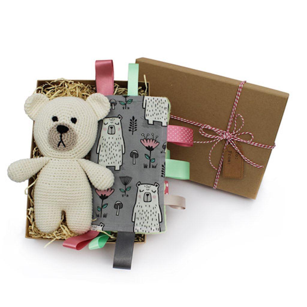 organic crochet bear sleepy bear taggy baby girl gift box pink green and grey