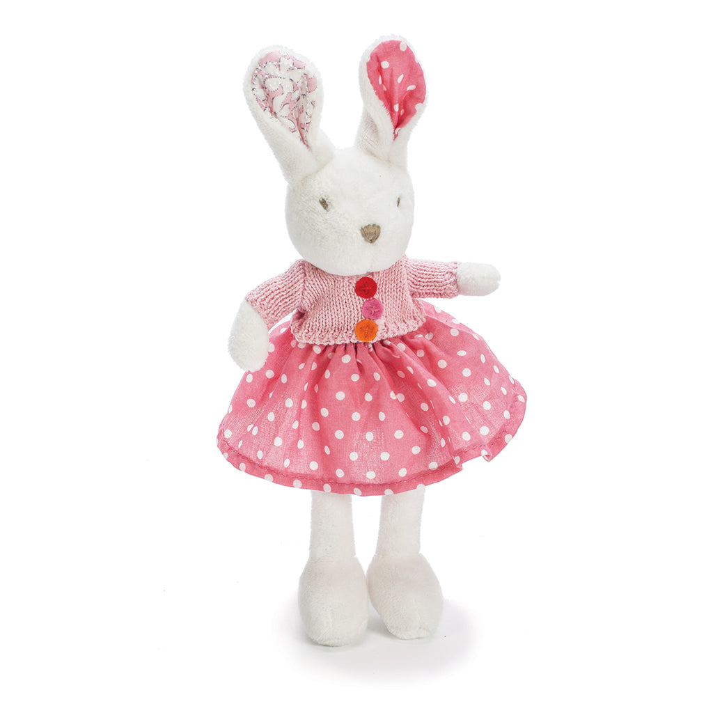 Ragtales Poppy the Little Rabbit with a white, velour body and embroidered face,Poppy comes dressed to the highest standards of quality and care in a pretty, gathered floral skirt and a hand – knitted top