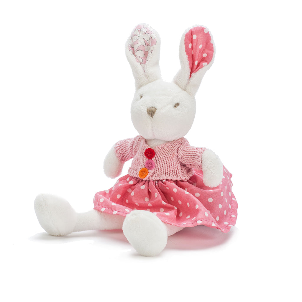 Sitting down Ragtales Poppy the Little Rabbit with a white, velour body and embroidered face,Poppy comes dressed to the highest standards of quality and care in a pretty, gathered floral skirt and a hand – knitted top