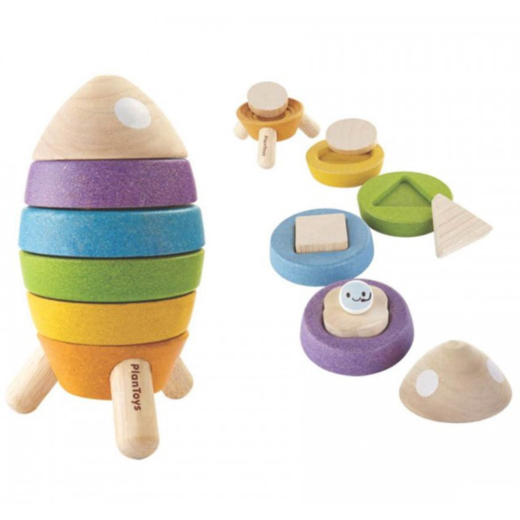 Eco Friendly Plan Toys stacking rocket with various and colours shapes a 11 piece puzzle ideal gift