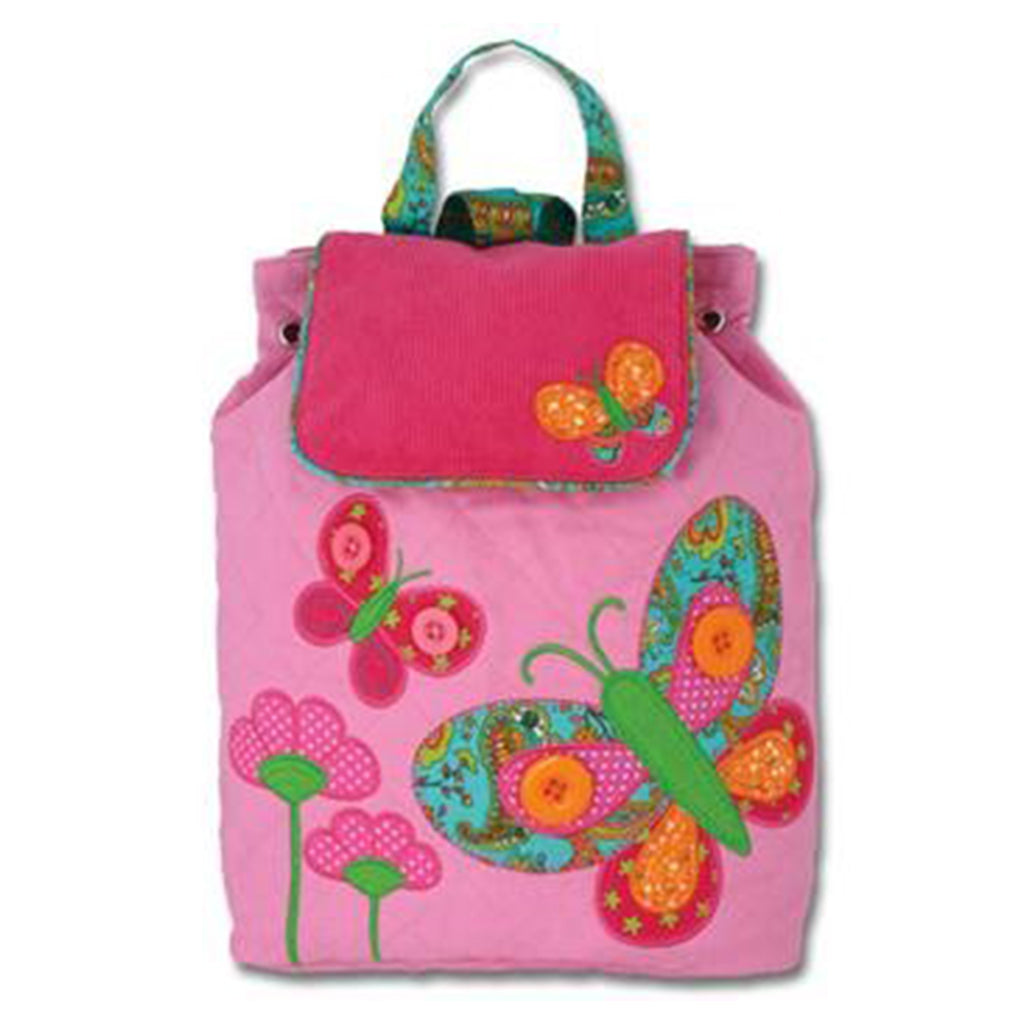  A Stephen Joseph quilted backpack is bright and colourful with embroidered and appliquéd butterflies, flowers and button detail on a pink background.