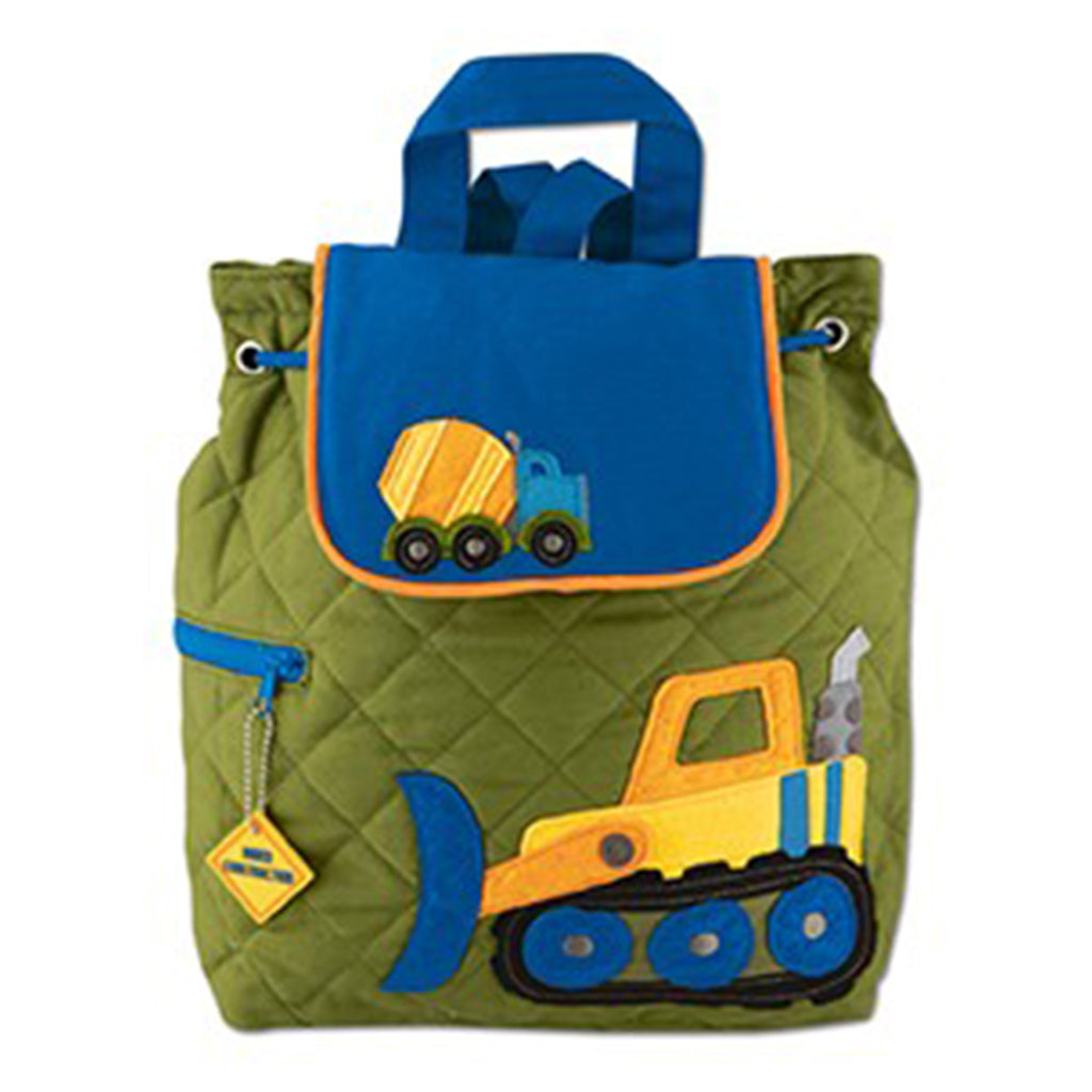 Stephen Joseph moss green quilted backpack embroidered and appliquéd detailed construction vehicles