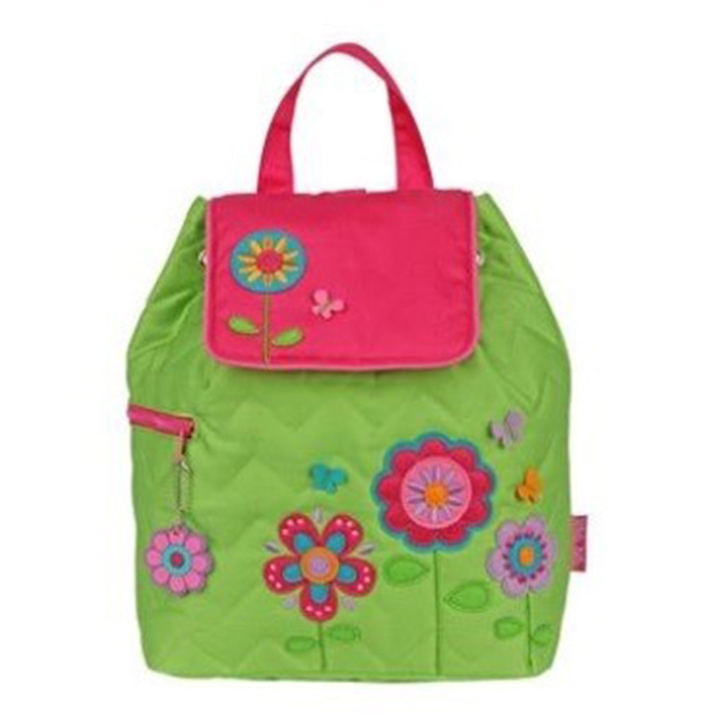 Stephen Joseph lime green quilted backpack embroidered and appliquéd detailed pink flowers