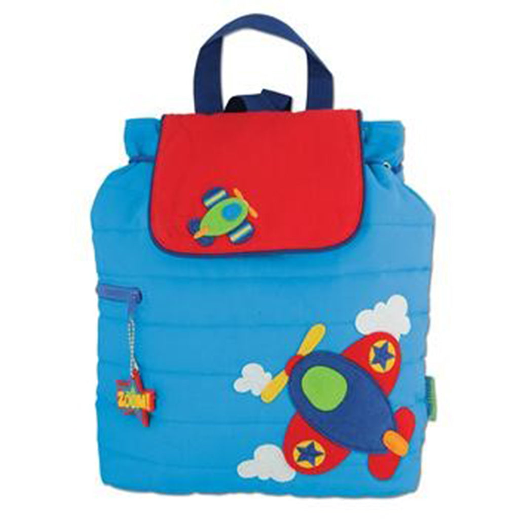 Stephen Joseph quilted toddler boys blue backpack embroidered and appliquéd detailed aeroplane