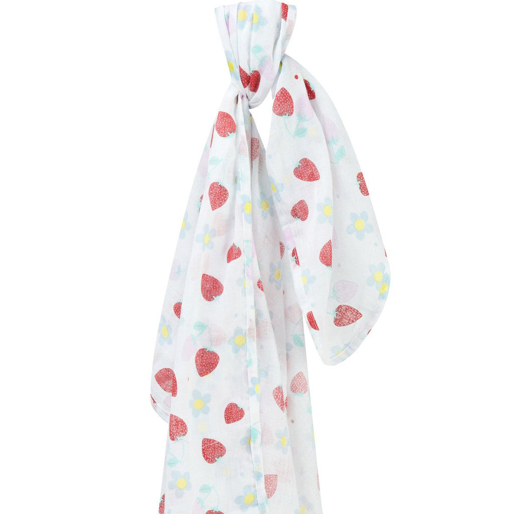 Organic piccalilly red strawberries and forgetmenot blue flowers on white muslin swaddle for newborn babies