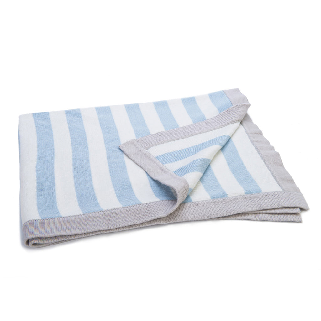A beautiful organic blue & white Stripe Blanket made from the softest cotton yarn and pre washed to ensure a gentle softness