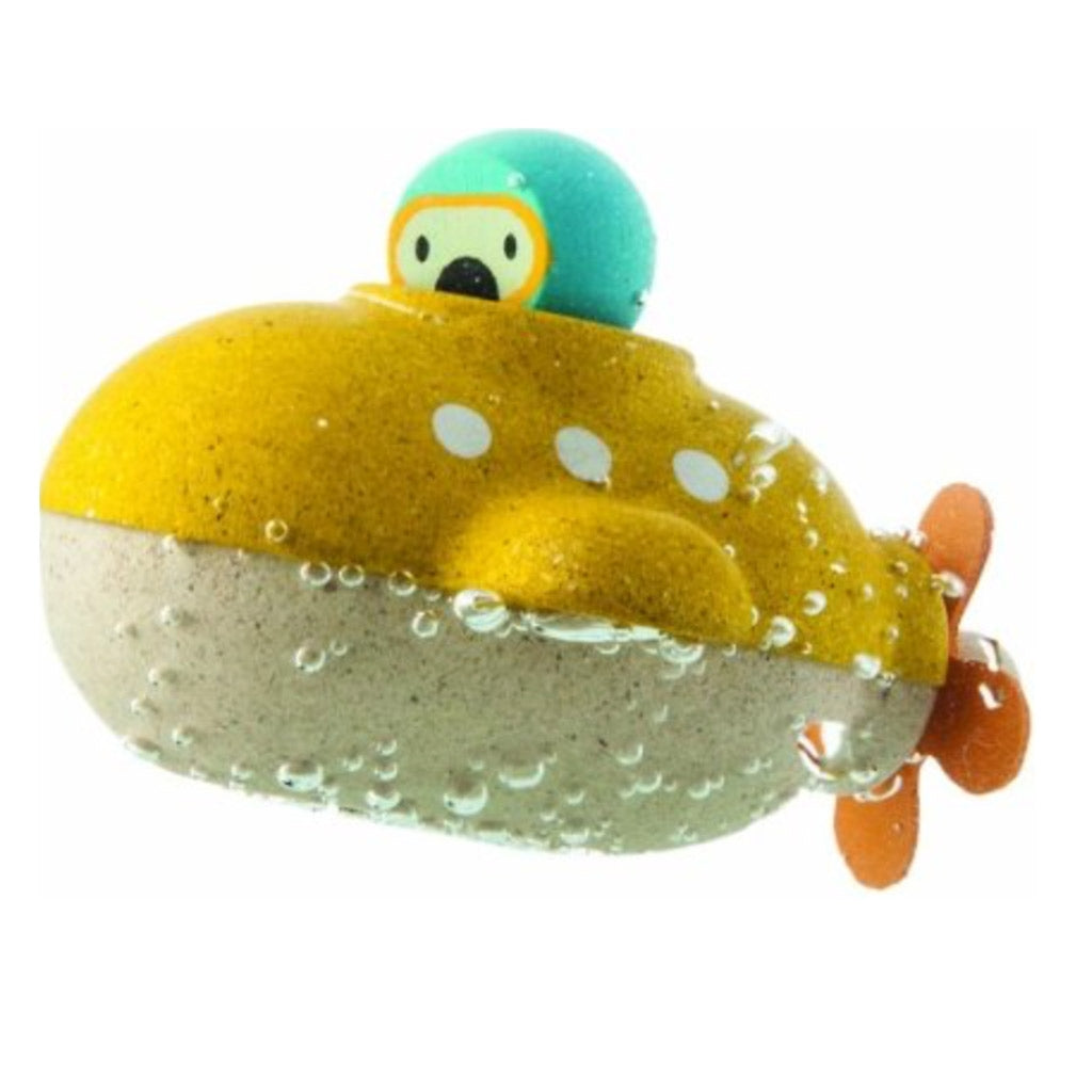 Plan Toy Yellow Submarine eco friendly with a spinnable propeller and blue removable diver