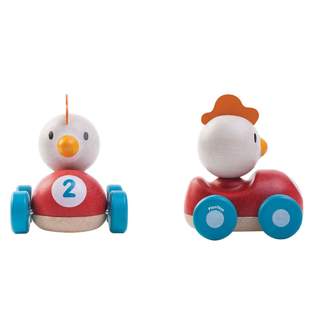 Two Plan Toys eco friendly Chicken Racers in red cars and blue wheels