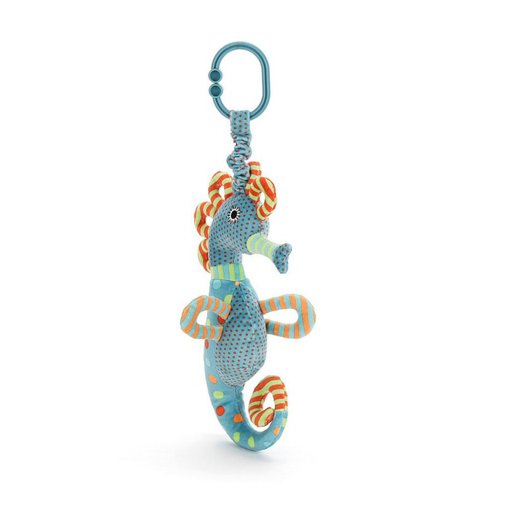 Side view of a colourful blue, orange and yellow Jellycat Under the Sea Seahorse 