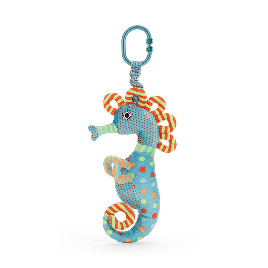 Front view of a colourful blue, orange and yellow Jellycat Under the Sea Seahorse 